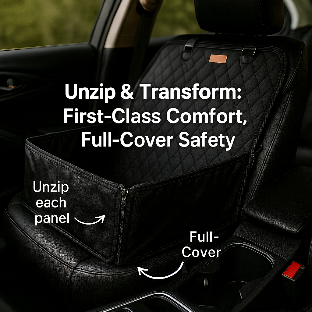 Car seat cover with text highlighting features on a car seat