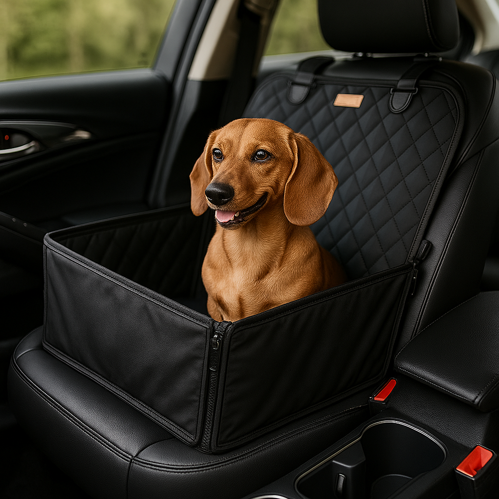Dog sitting in a black pet seat cover inside a car
