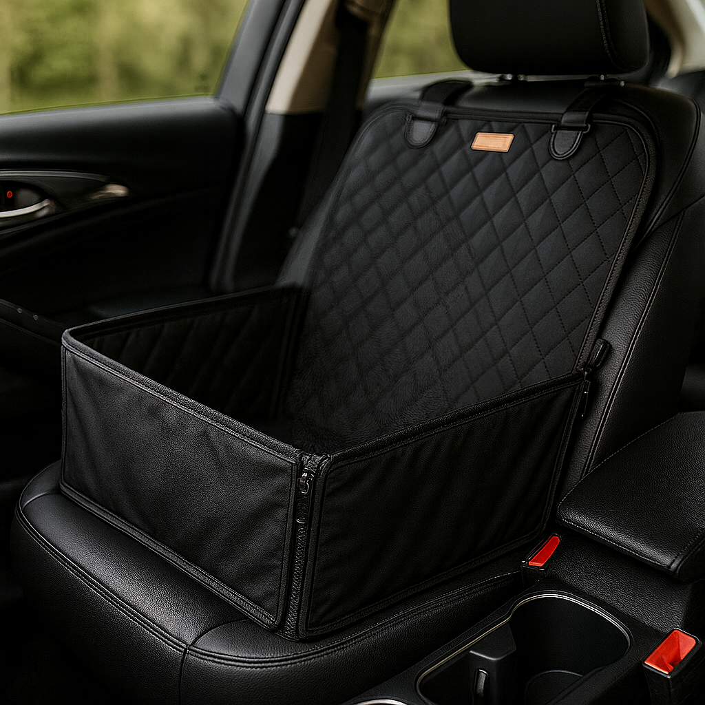 Black pet seat cover on a car seat with a blurred green outdoor background