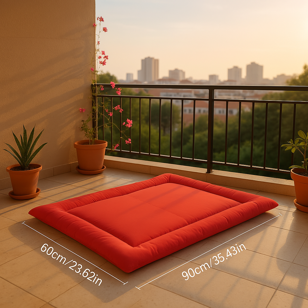 Red mattress on a balcony with plants and a cityscape view