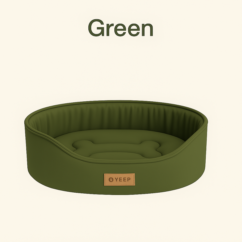 Green pet bed with 'YEEP' branding on a beige background