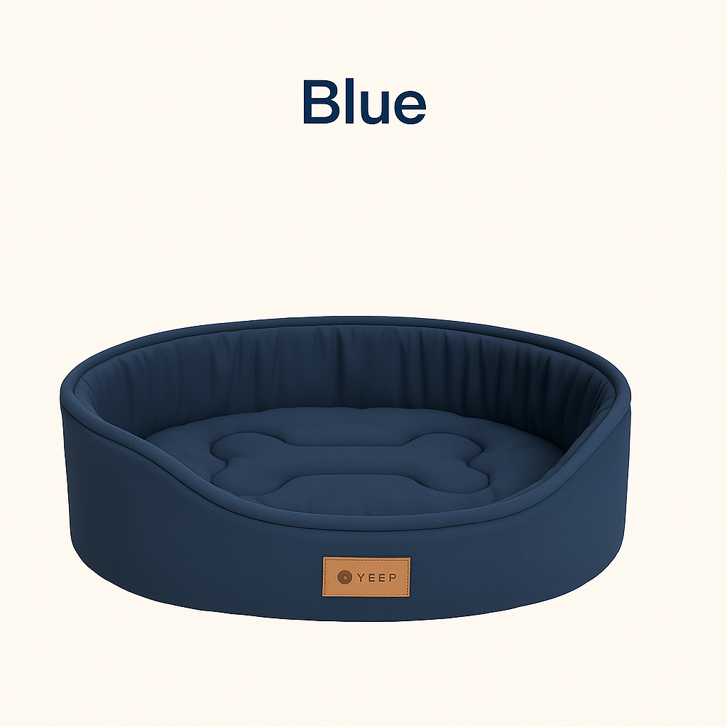 Blue pet bed with 'YEEP' logo on a white background