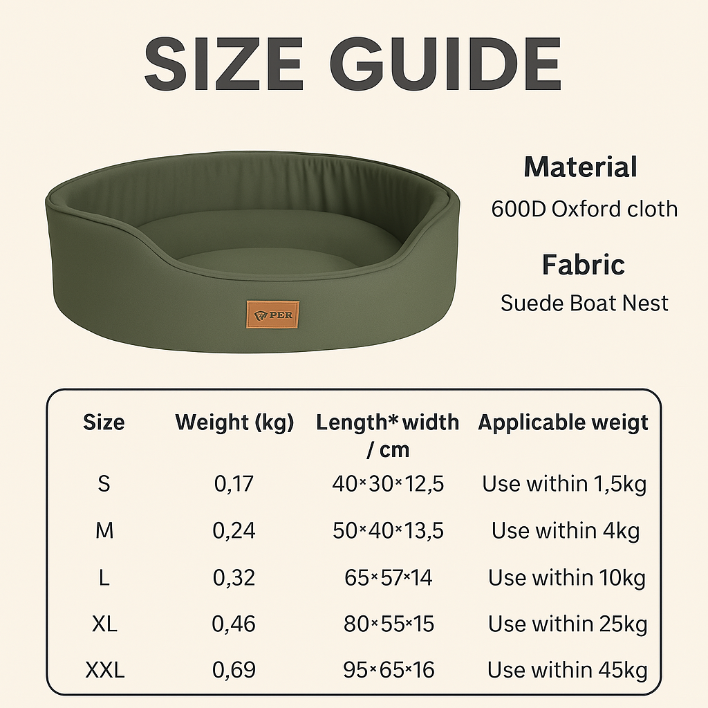 Size guide for a green suede boat nest pet bed with material and fabric details.