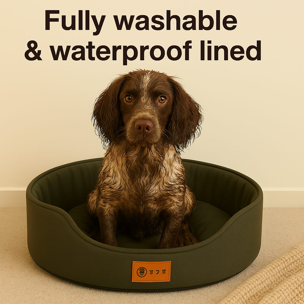 Dog sitting in a green dog bed with text 'Fully washable & waterproof lined' on a beige background