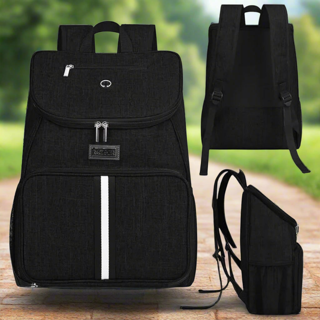 Black backpack with a white stripe on a white background