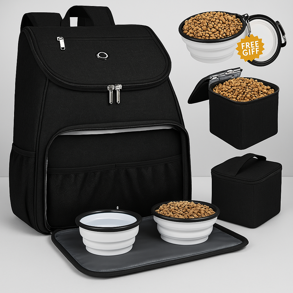 Black pet travel backpack with food bowls and tray on a white background