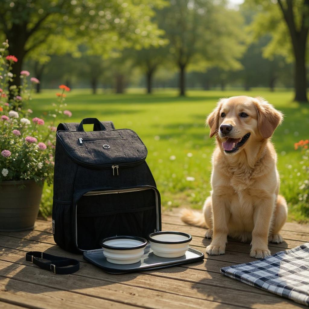 Dog sitting next to a black backpack with bowls on a wooden table in a park.