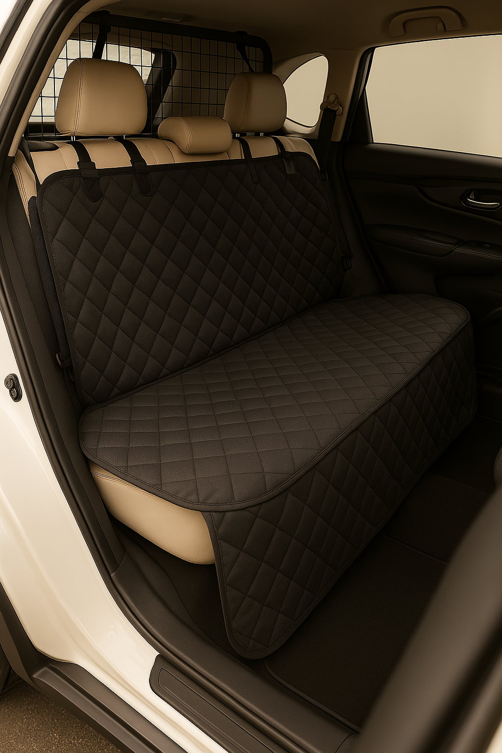 Car interior with a black quilted bench seat cover