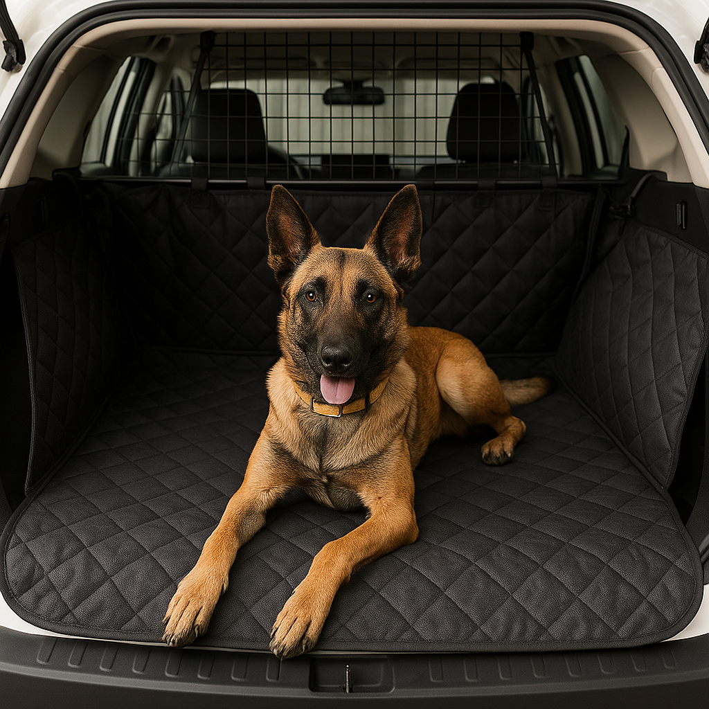 Dog sitting on a black car mat in a vehicle's open trunk.