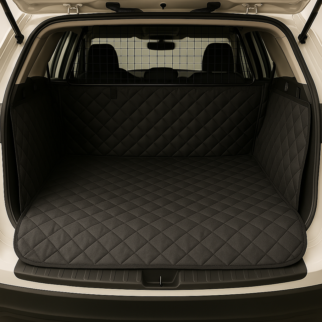 Car trunk with a black quilted cargo liner
