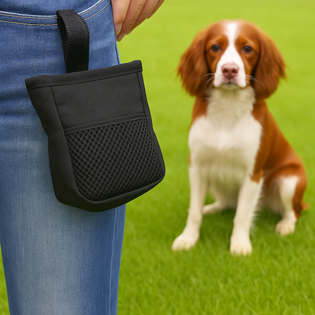 Black pet training pouch held by a person with a brown and white dog on grass