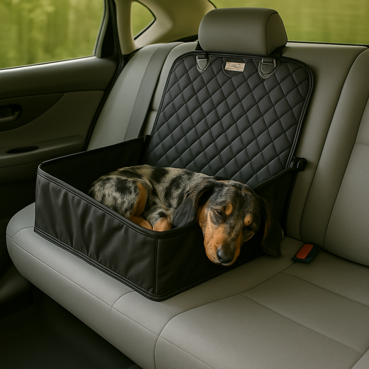 Dog lying on a black pet seat cover in a car