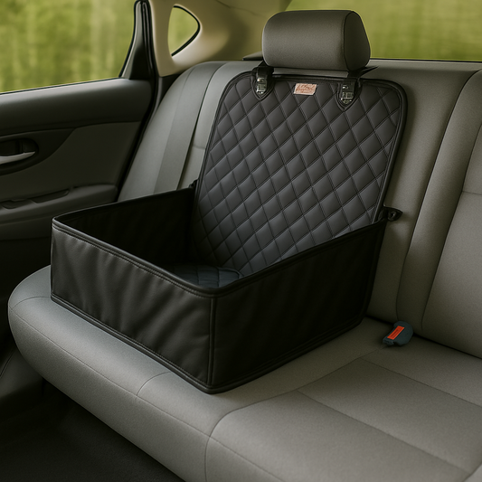 Black pet seat cover on a car seat with a diamond pattern