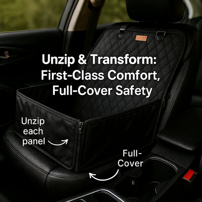 Car seat cover with text highlighting features on a car seat