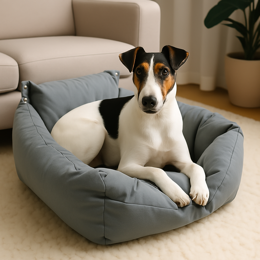 Dog lying on a gray pet bed in a cozy living room.