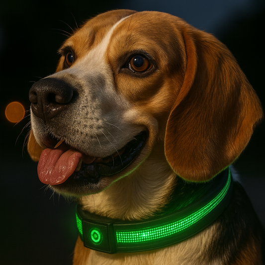 Dog wearing a green LED collar on a dark background