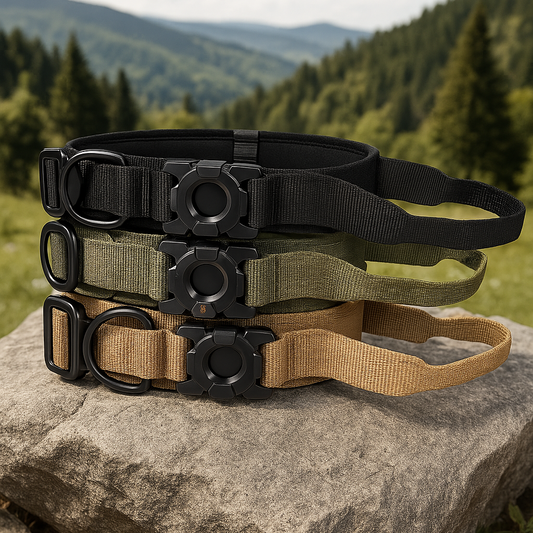 Three tactical belts in black, green, and tan on a rock with a mountainous landscape in the background.