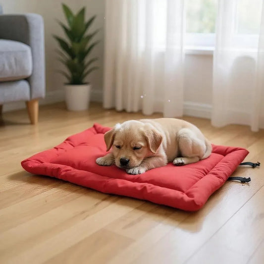 Puppy lying on a red dog bed in a room with a plant and window.
