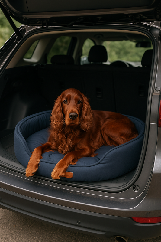 Dog lying on a blue pet bed in the trunk of a car
