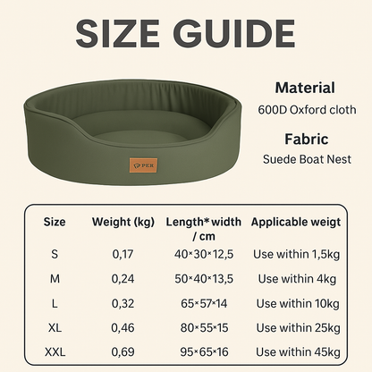 Size guide for a green suede boat nest pet bed with material and fabric details.