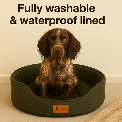 Dog sitting in a green dog bed with text 'Fully washable & waterproof lined' on a beige background