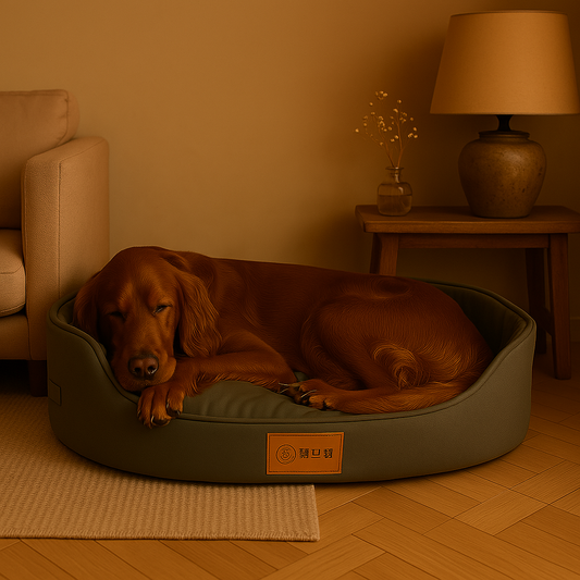 Brown dog lying on a green pet bed in a cozy room with a lamp and sofa.