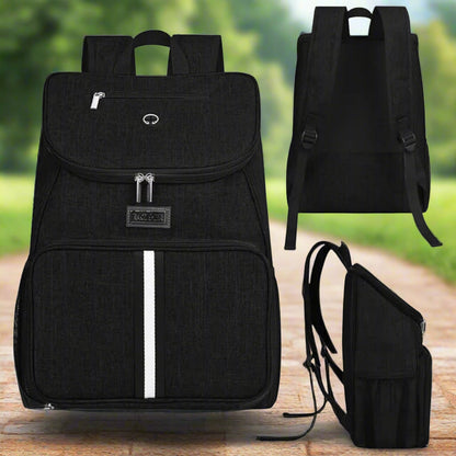 Black backpack with a white stripe on a white background