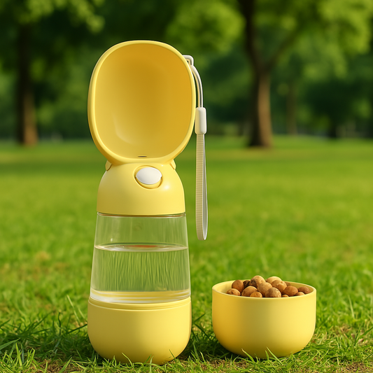 Yellow pet water bottle and food bowl on grass with blurred green background