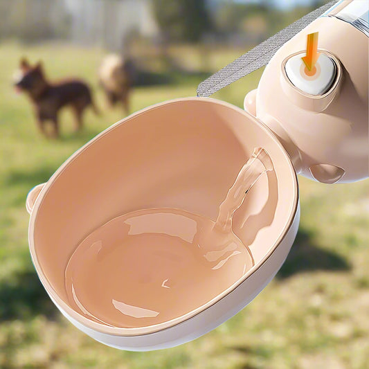 Beige pet water bowl with water being poured into it on a light blue background