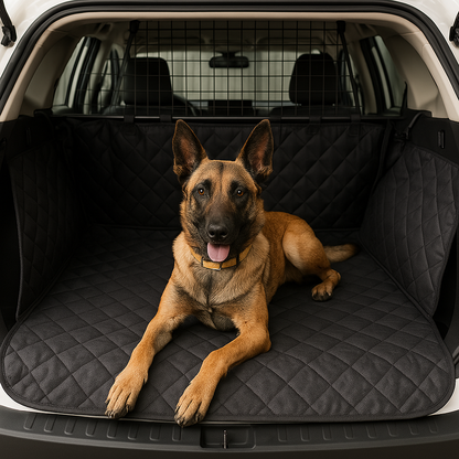 Dog sitting on a black car mat in a vehicle's open trunk.