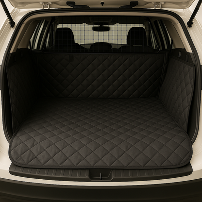 Car trunk with a black quilted cargo liner