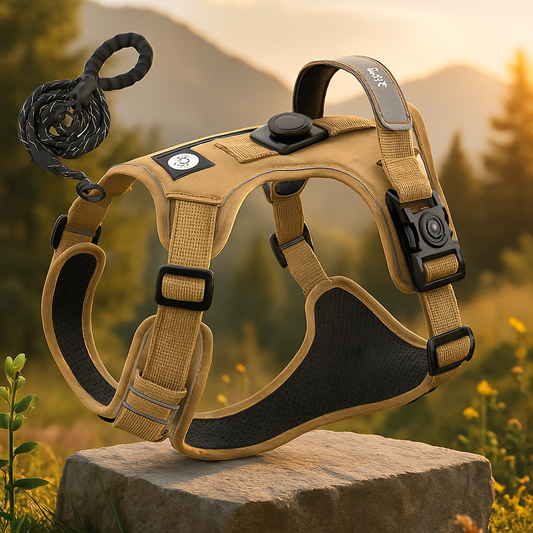 Dog harness with leash on a rock with a natural background