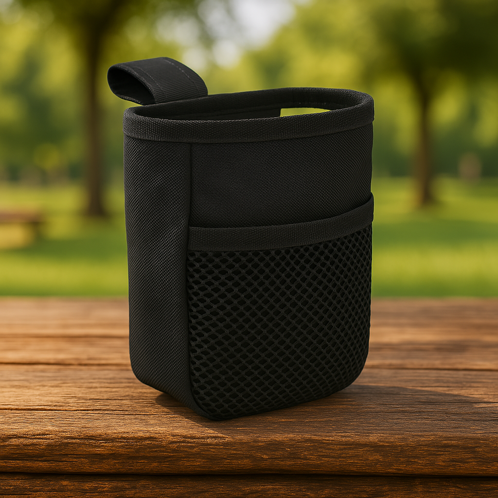 Black fabric pouch with mesh pocket on a wooden surface with a blurred green outdoor background