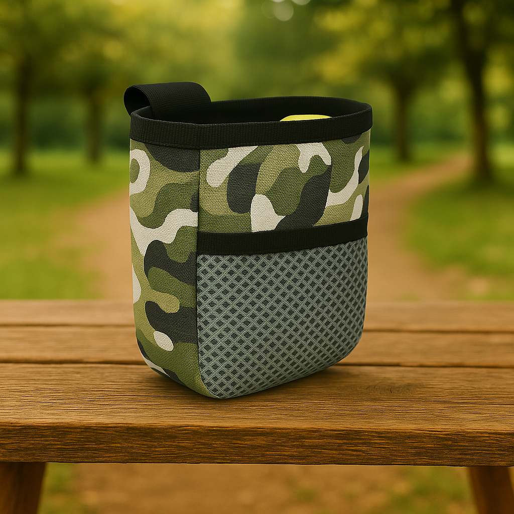 Camouflage-patterned bag on a wooden surface with a blurred green outdoor background