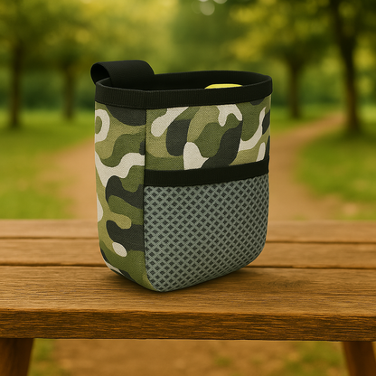 Camouflage-patterned bag on a wooden surface with a blurred green outdoor background