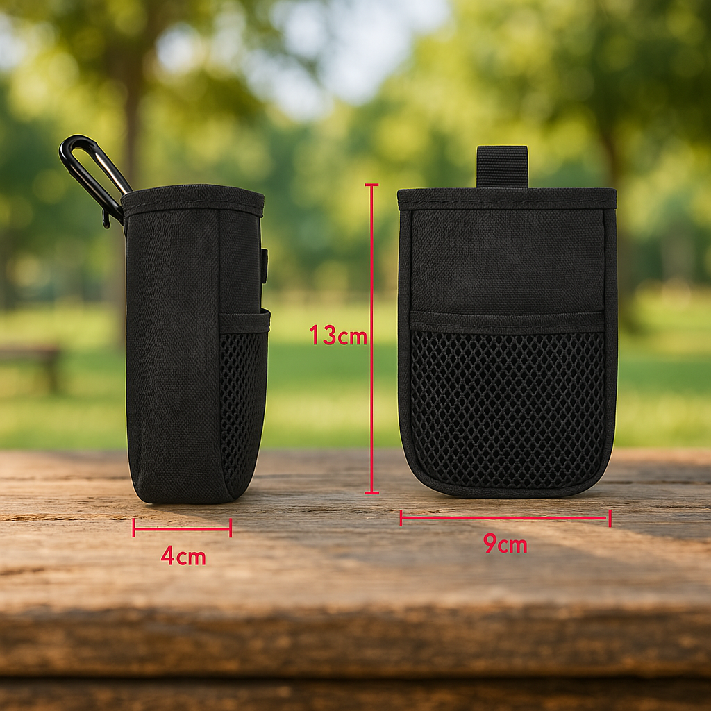 Two black pouches with measurements on a wooden surface outdoors