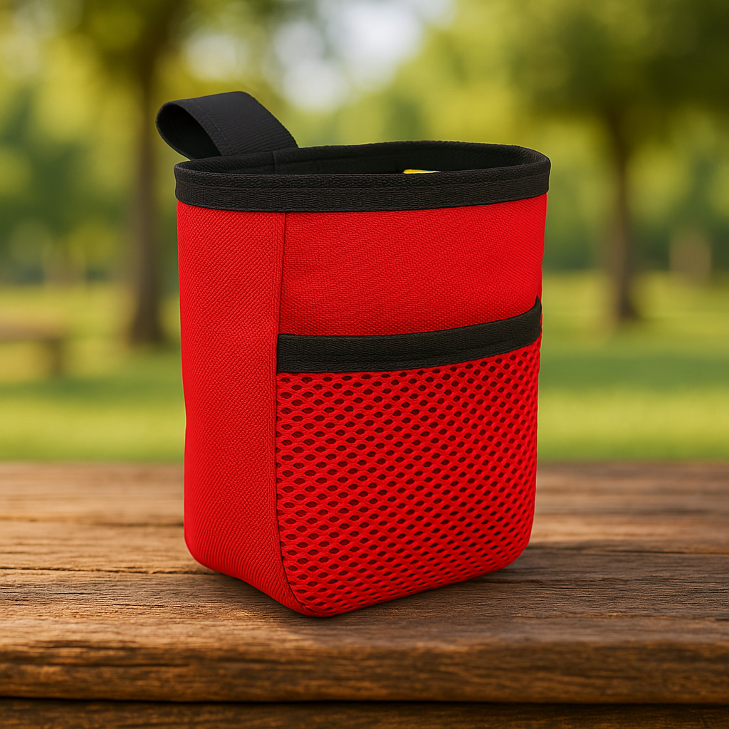 Red chalk bag with black accents on a wooden surface in a park setting